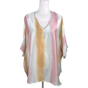Adrienne Pastel Striped Casual High Low Short Sleeve Satin V-Neck Top Size Small